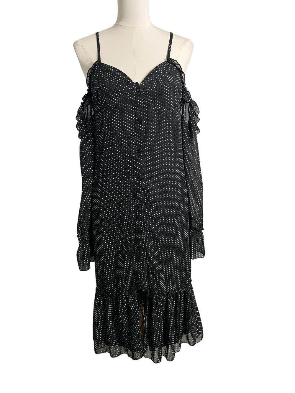 Nasty Gal Shift Dress Womens 6 Black Polka Dot Cold Shoulder Ruffle Hem Midi